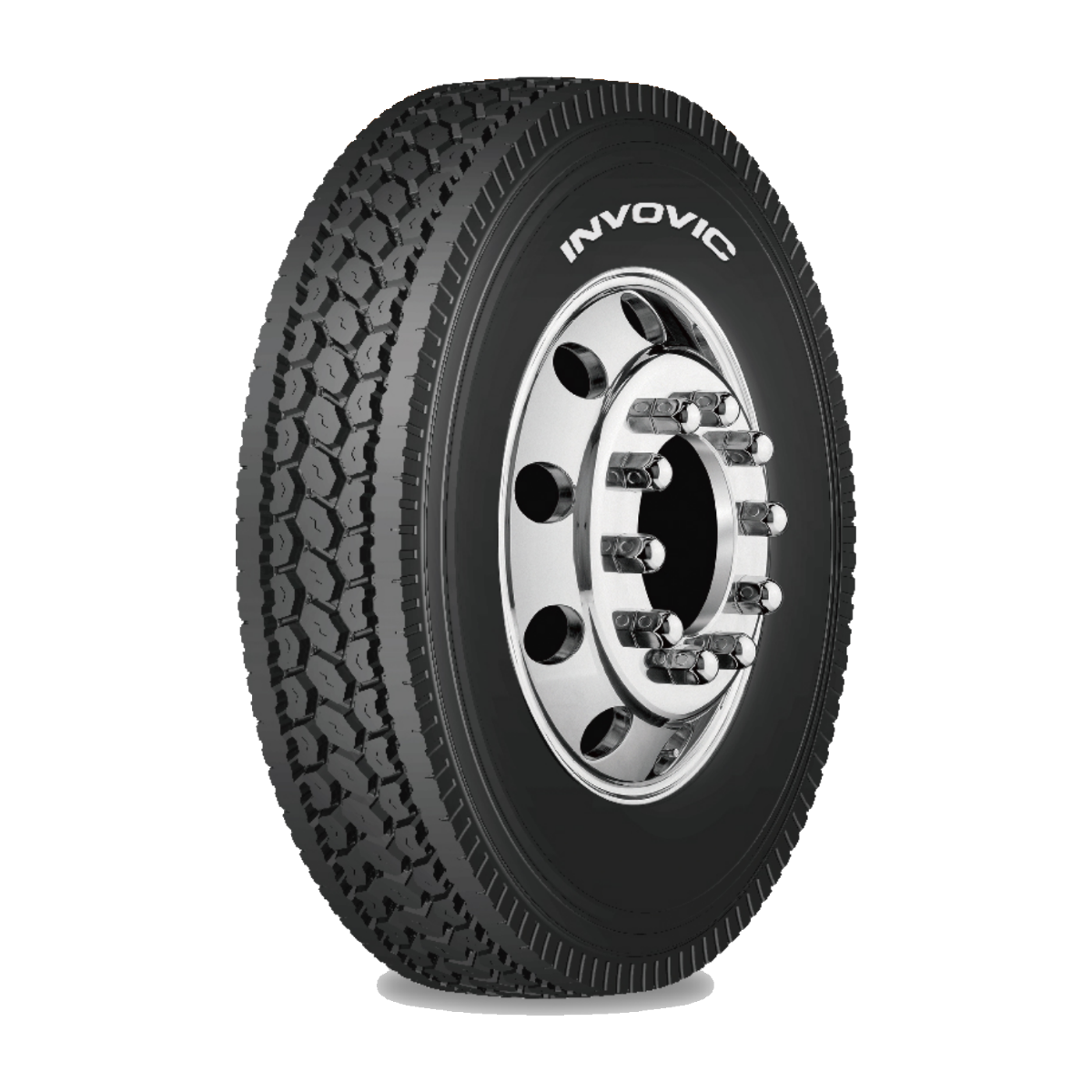 Invovic FM750 open-shoulder drive tire with hexagonal blocks — official Invovic catalog render