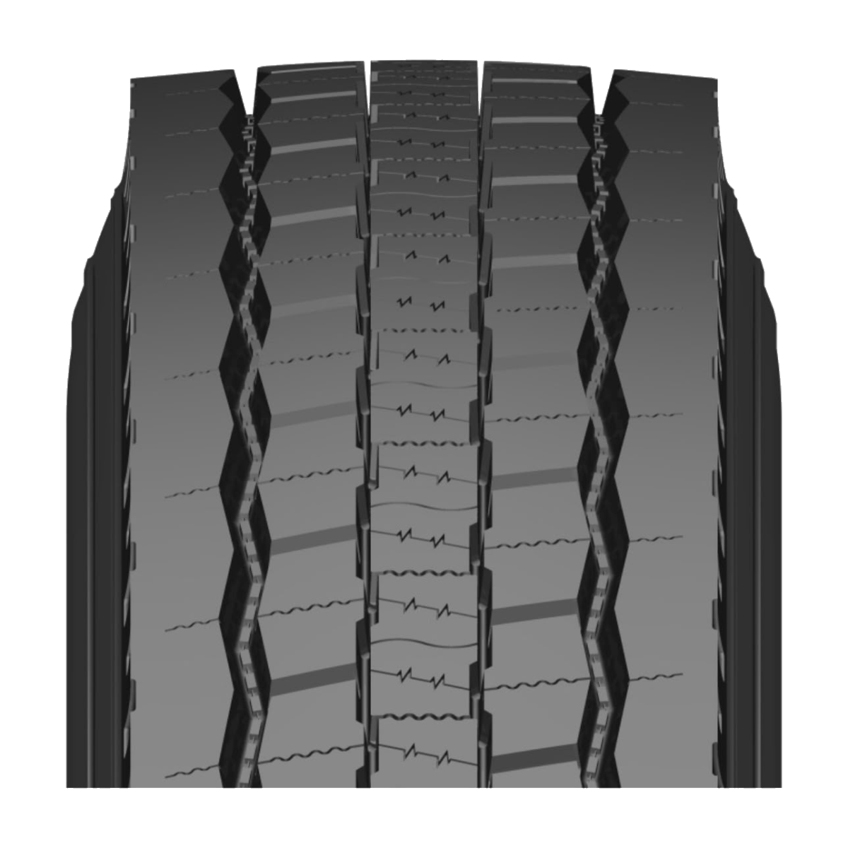 Invovic FM770 closed-shoulder drive tread with zigzag grooves