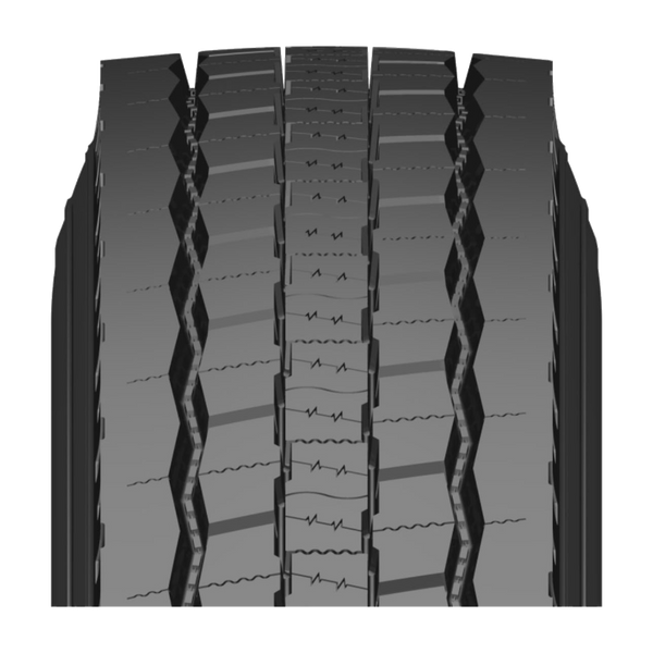 Invovic FM770 closed-shoulder drive tread with zigzag grooves